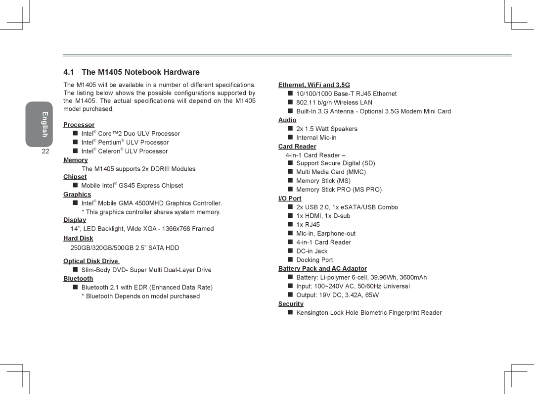 Gigabyte user manual M1405 Notebook Hardware 