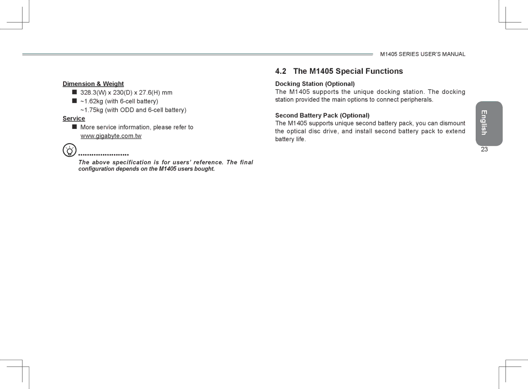 Gigabyte M1405 Special Functions, Dimension & Weight, Service, Docking Station Optional, Second Battery Pack Optional 