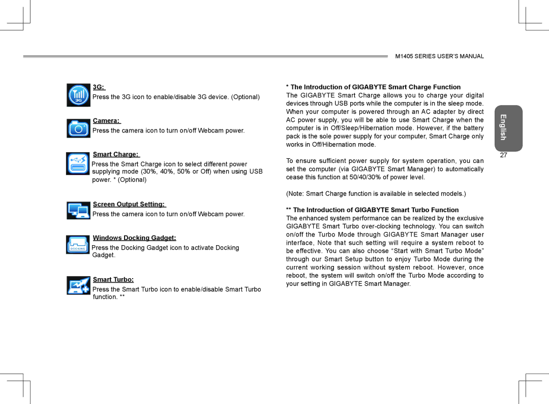 Gigabyte M1405 user manual Camera, Smart Charge, Screen Output Setting, Windows Docking Gadget, Smart Turbo 