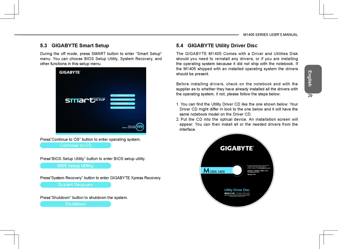 Gigabyte M1405 user manual Gigabyte Smart Setup, Gigabyte Utility Driver Disc 