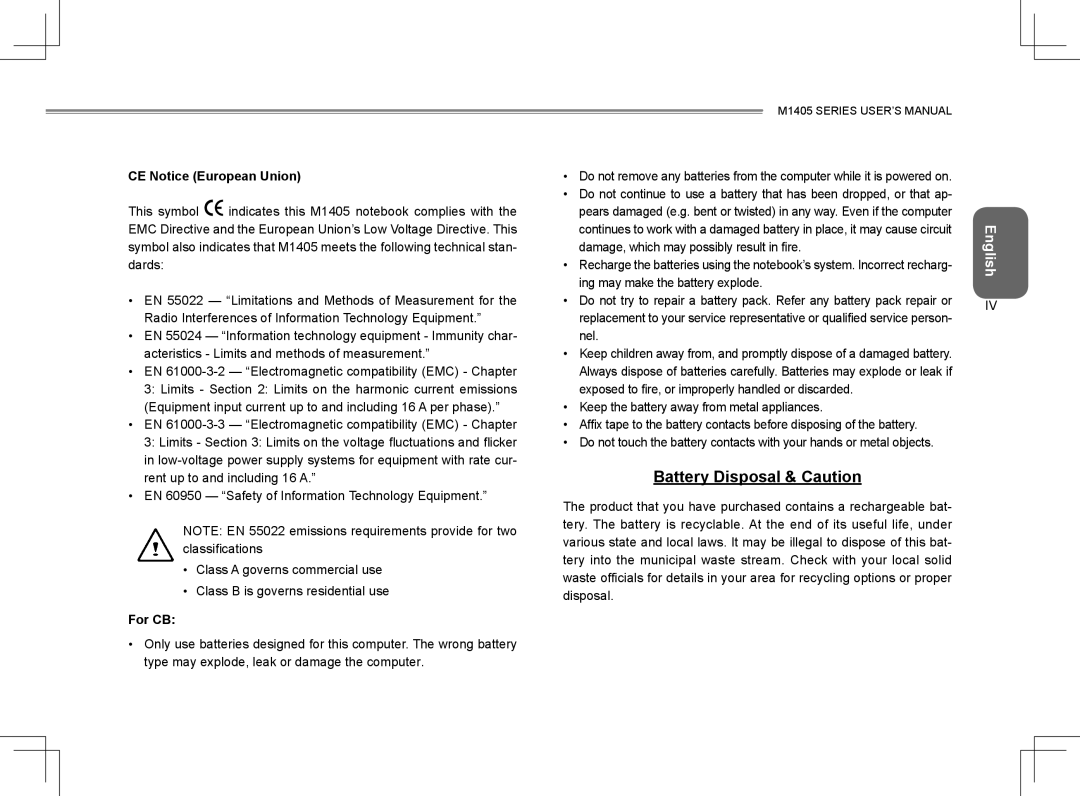 Gigabyte M1405 user manual Battery Disposal & Caution, CE Notice European Union, For CB 