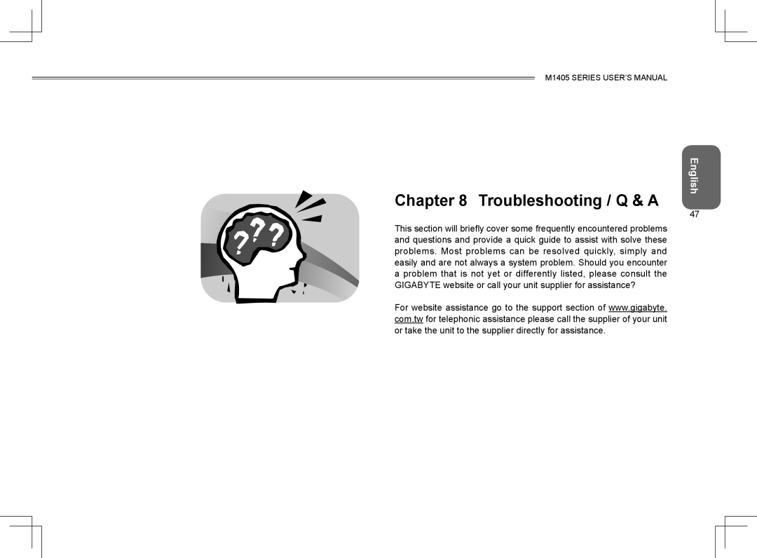 Gigabyte M1405 user manual Troubleshooting / Q & a 