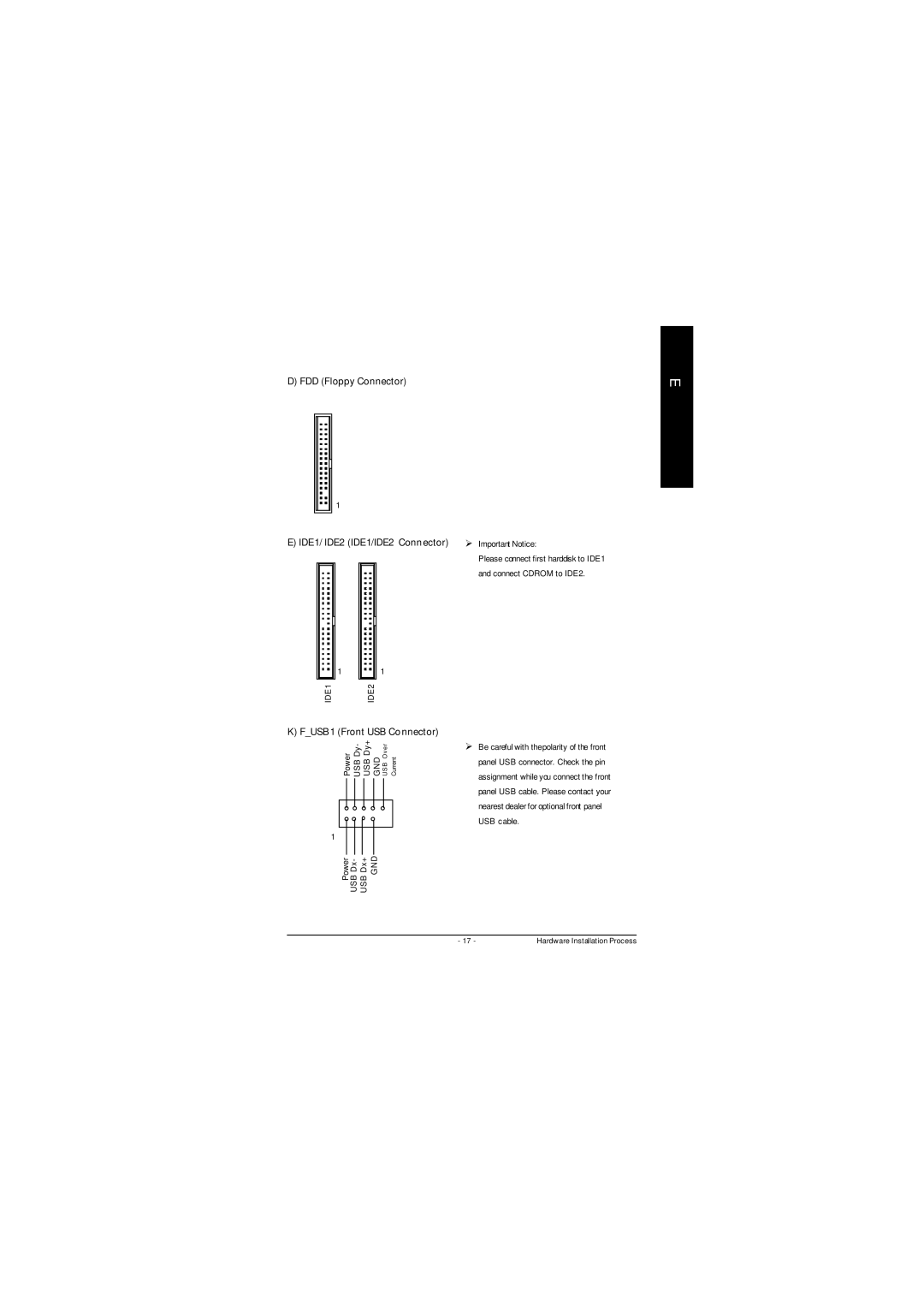 Gigabyte GA-8ILFT user manual FDD Floppy Connector IDE1/ IDE2 IDE1/IDE2 Conn ector, Fusb 1 Front USB Co nnector, IDE1 IDE2 