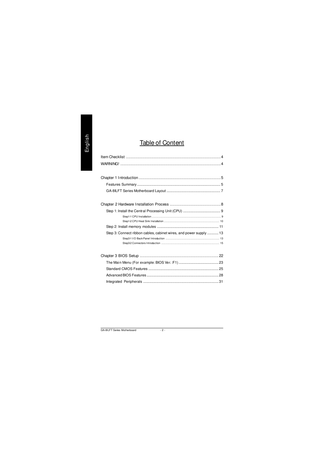 Gigabyte P4 Titan-DDR Motherboard, GA-8ILFT user manual Table of Content 