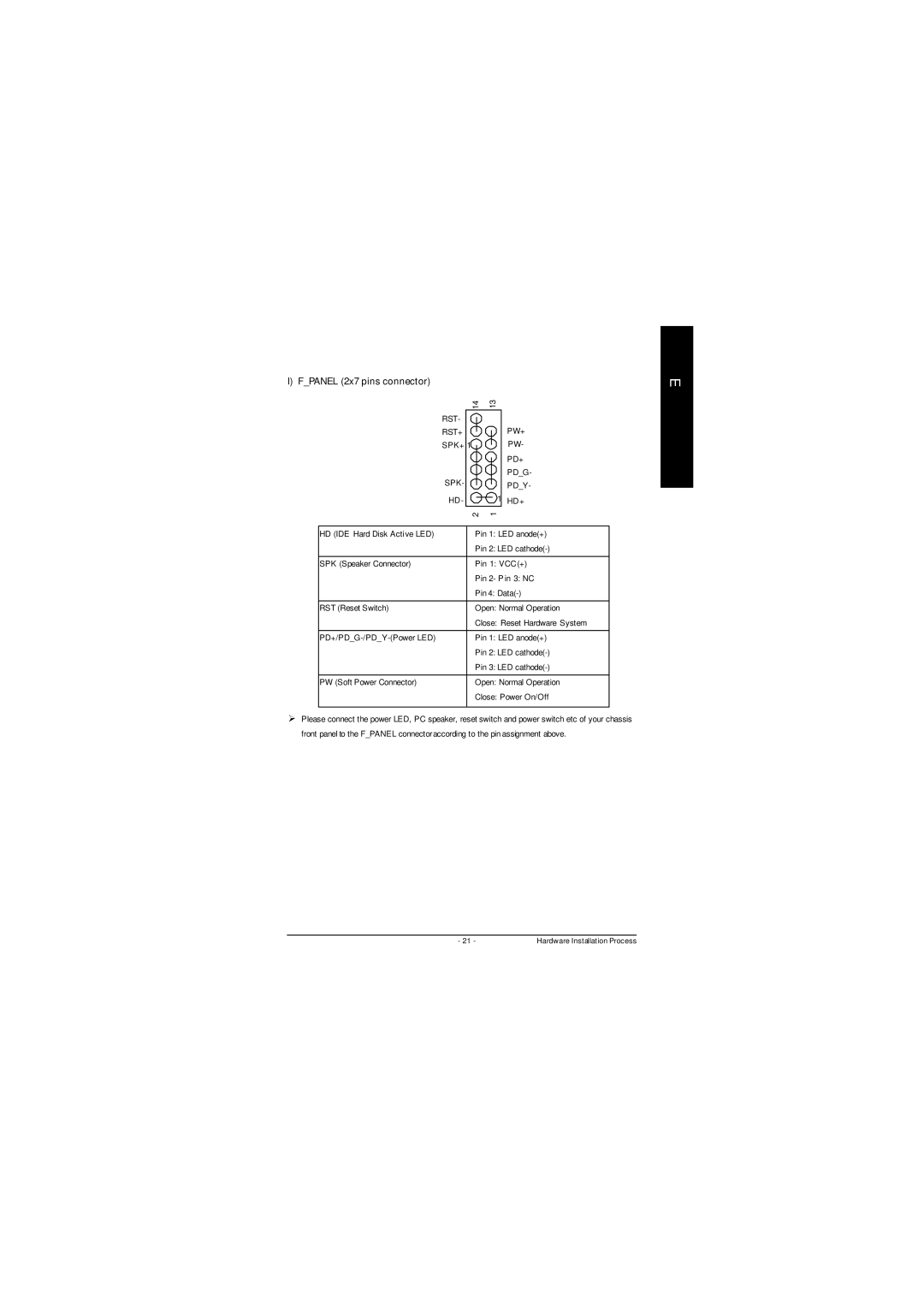 Gigabyte GA-8ILFT, P4 Titan-DDR Motherboard user manual Fpanel 2x7 pins connector, Rst Pw+ Rst+ Spk+ Pd+ Pdg Pdy Hd+ 