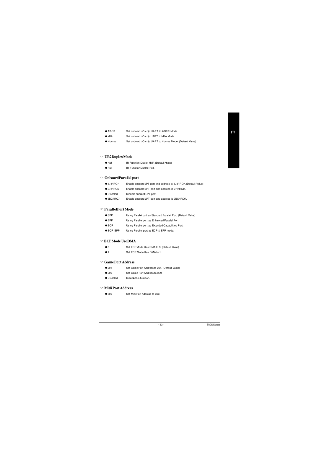 Gigabyte GA-8ILFT user manual UR2Duplex Mode, OnboardParallel port, ParallelPort Mode, ECPMode Use DMA, Game Port Address 