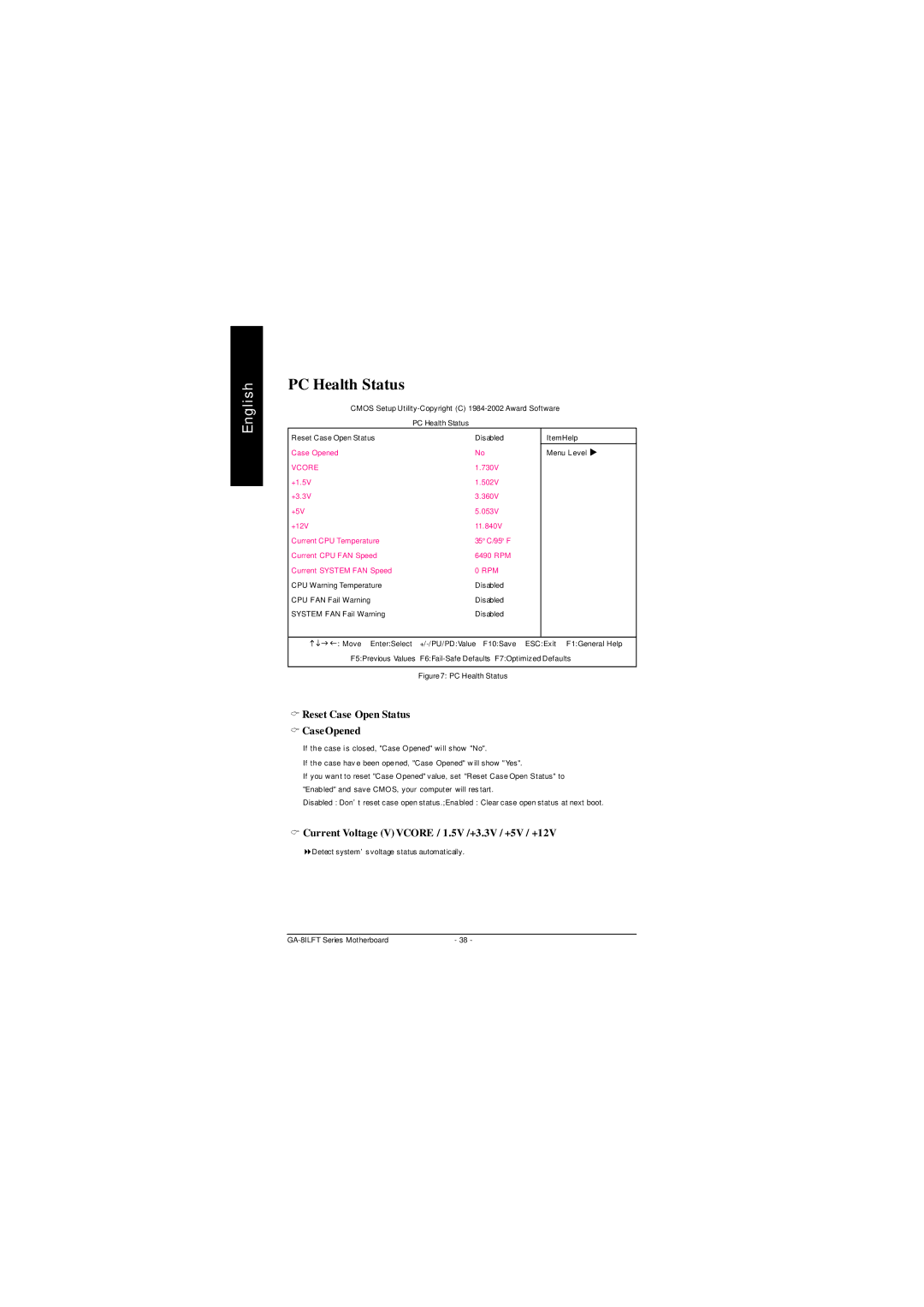 Gigabyte P4 Titan-DDR Motherboard, GA-8ILFT user manual PC Health Status, Reset Case Open Status Case Opened 