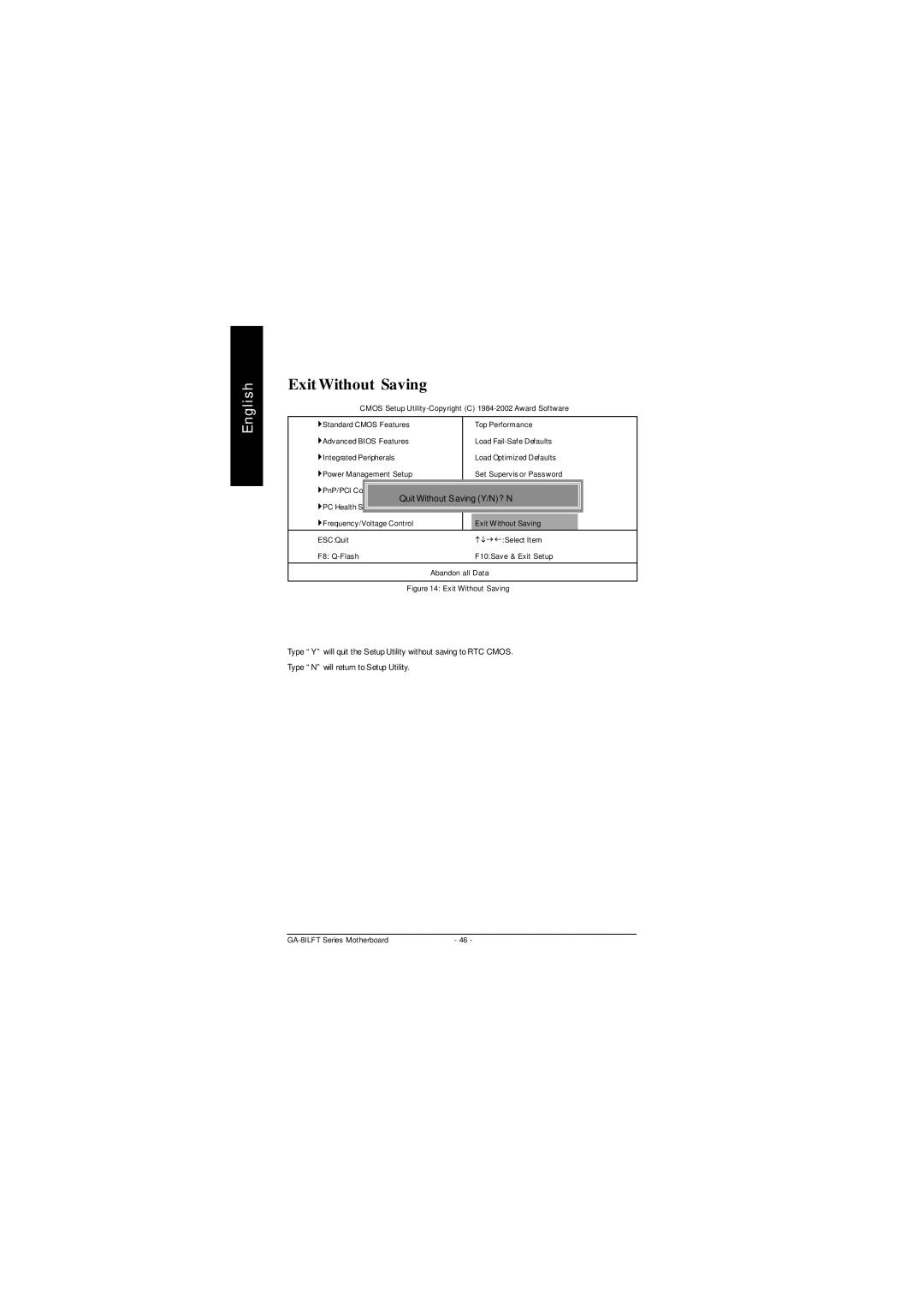 Gigabyte P4 Titan-DDR Motherboard, GA-8ILFT user manual Exit Without Saving, Quit Without Saving Y/N? N 