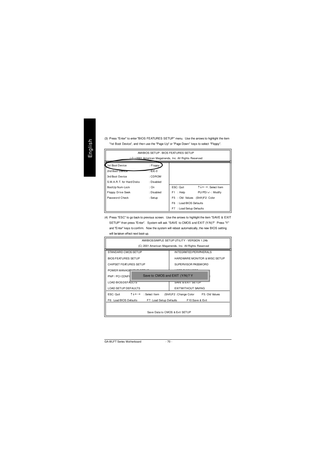 Gigabyte P4 Titan-DDR Motherboard, GA-8ILFT user manual Amibios Setup Bios Features Setup 