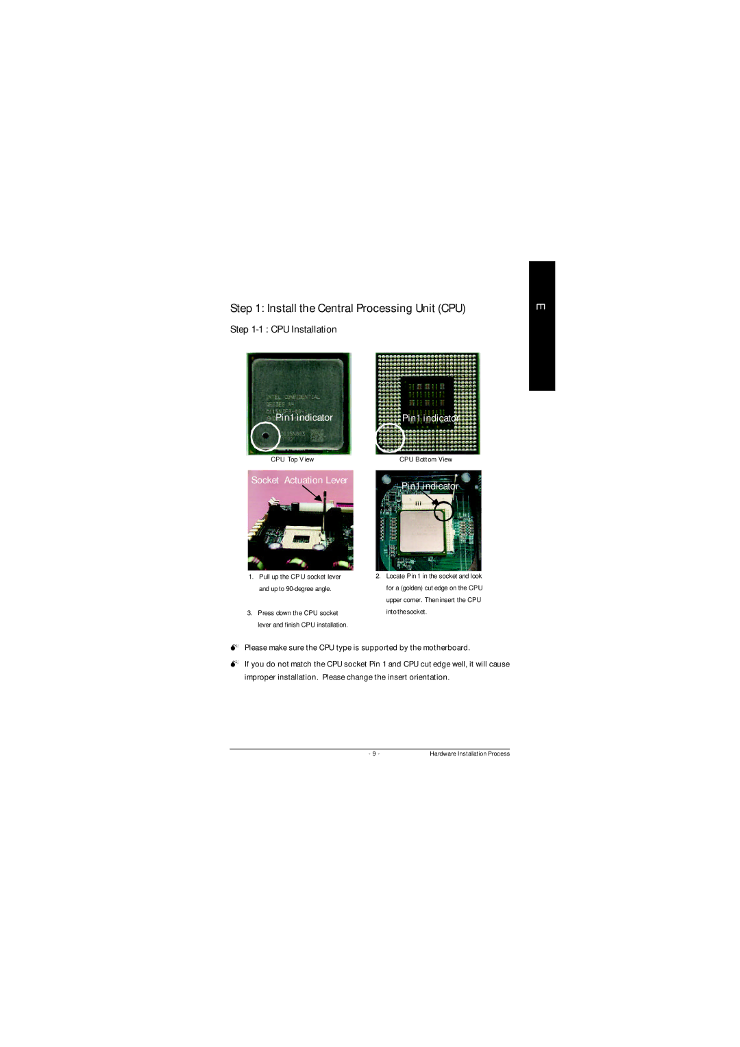 Gigabyte GA-8ILFT, P4 Titan-DDR Motherboard Install the Central Processing Unit CPU, Socket Actuation Lever Pin1 indicator 