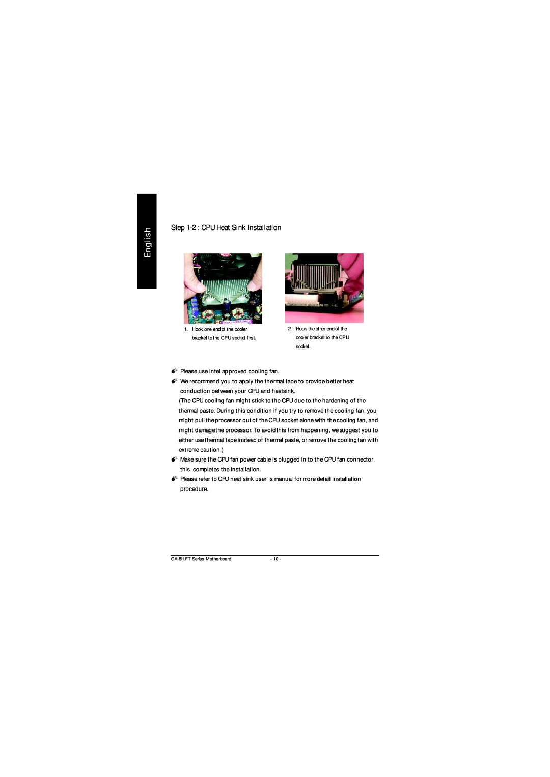 Gigabyte P4 Titan-DDR Motherboard, GA-8ILFT user manual 2 CPU Heat Sink Installation, English 