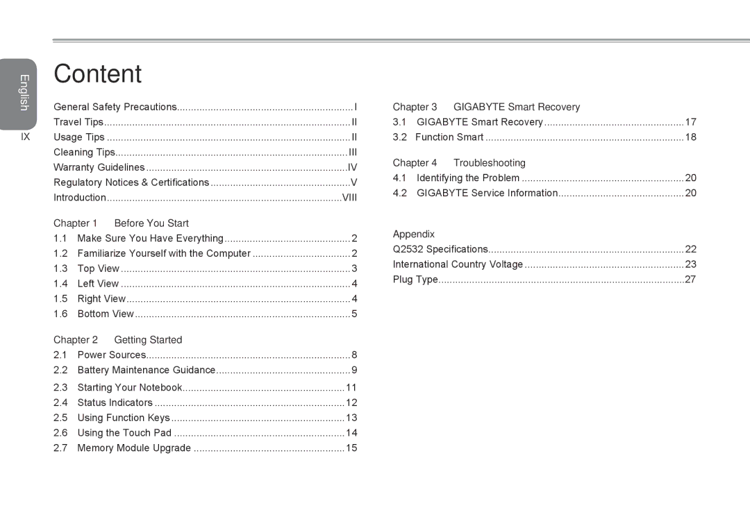 Gigabyte Q2532 manual Before You Start, Getting Started, Gigabyte Smart Recovery, Troubleshooting, Appendix 