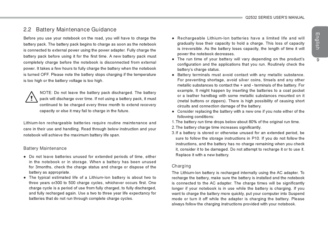 Gigabyte Q2532 manual Battery Maintenance Guidance, Charging 