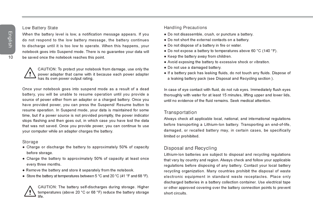 Gigabyte Q2532 manual Low Battery State, Storage, Handling Precautions 