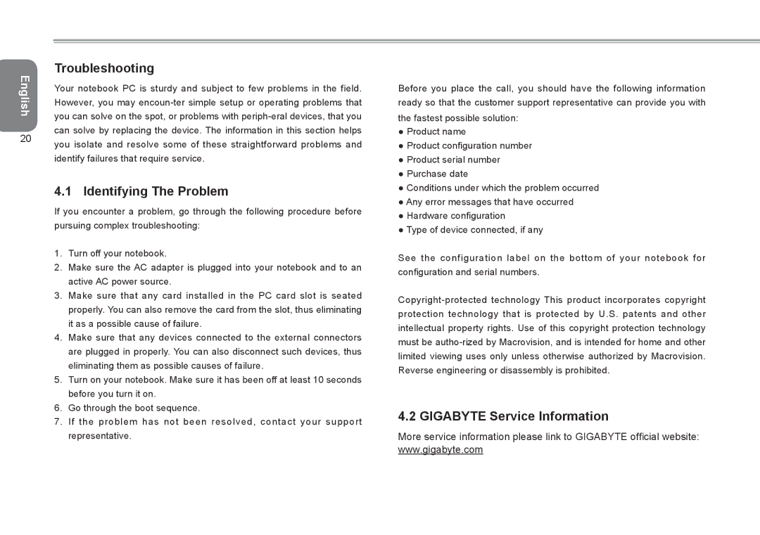 Gigabyte Q2532 manual Troubleshooting, Identifying The Problem, Gigabyte Service Information 