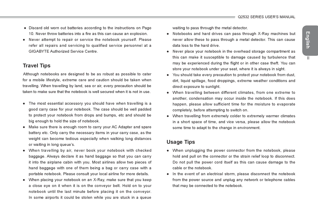 Gigabyte Q2532 manual Travel Tips, Usage Tips 