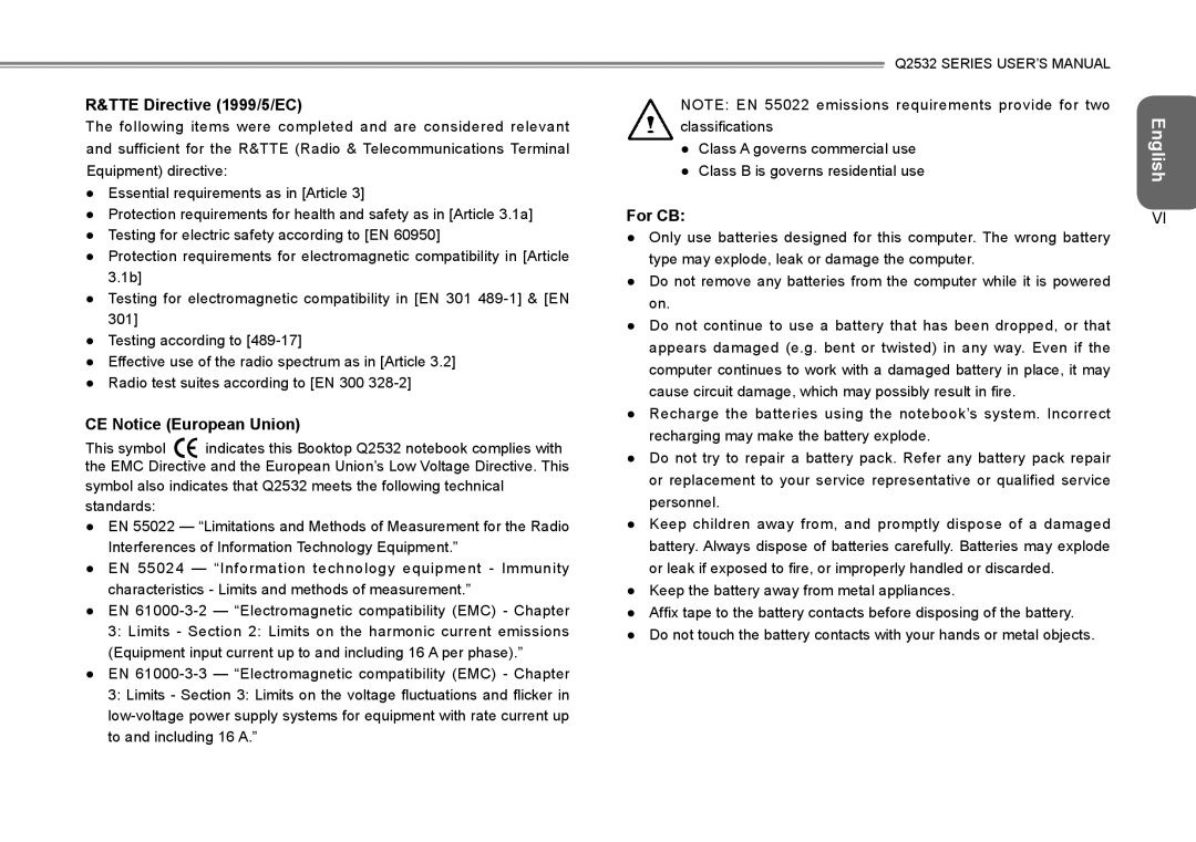 Gigabyte Q2532 manual TTE Directive 1999/5/EC, CE Notice European Union, For CB 