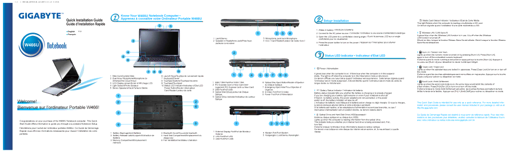 Gigabyte W466U quick start Welcome Bienvenue sur l’ordinateur Portable W466, Setup Installation, 7 8 
