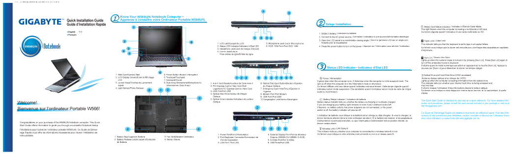 Gigabyte W466U quick start Welcome Bienvenue sur l’ordinateur Portable W566, 6 7 8 9, Lcd 