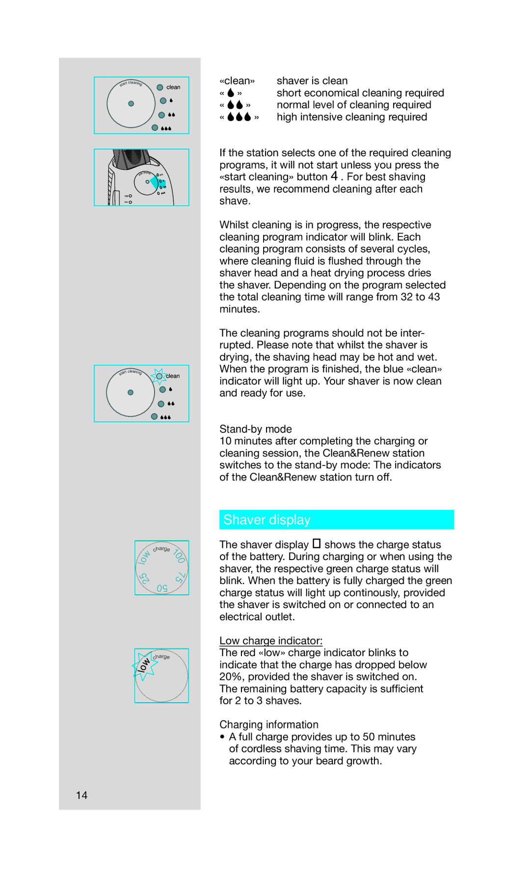 Gillette 5693 manual Shaver display, Stand-by mode, Charging information 