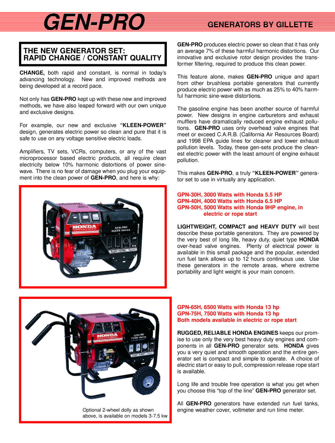 Gillette PORTABLE GENERATORS manual Gen-Pro, Generators by Gillette 