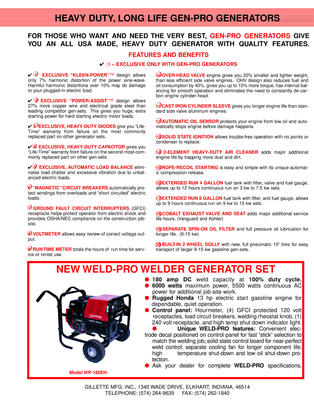 Gillette PORTABLE GENERATORS manual Heavy DUTY, Long Life GEN-PRO Generators, Features and Benefits 