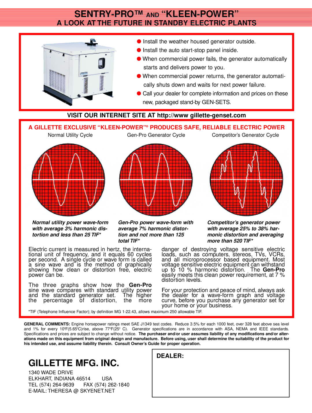 Gillette PORTABLE GENERATORS SENTRY-PRO and KLEEN-POWER, Gillette MFG. INC, Look AT the Future in Standby Electric Plants 