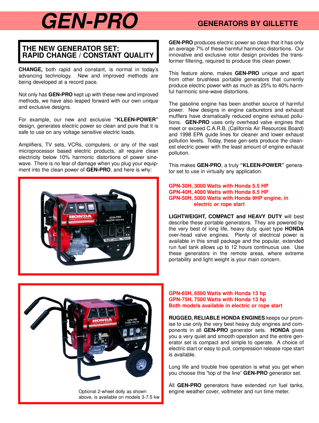 Gillette PORTABLE GENERATORS manual Generators By Gillette, Gen-Pro, The New Generator Set, Rapid Change / Constant Quality 
