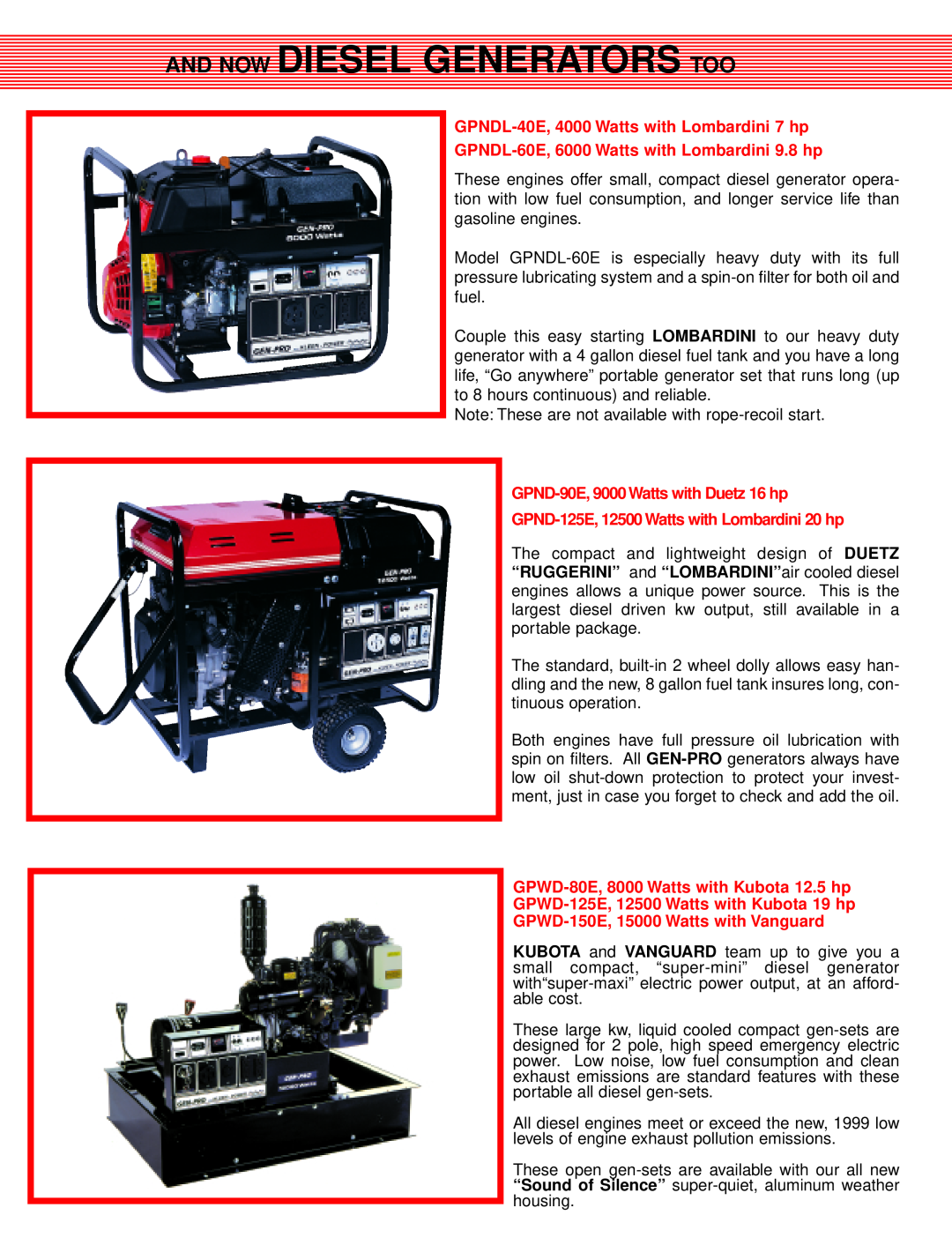 Gillette PORTABLE GENERATORS manual And Now Diesel Generators Too, GPNDL-40E,4000 Watts with Lombardini 7 hp 