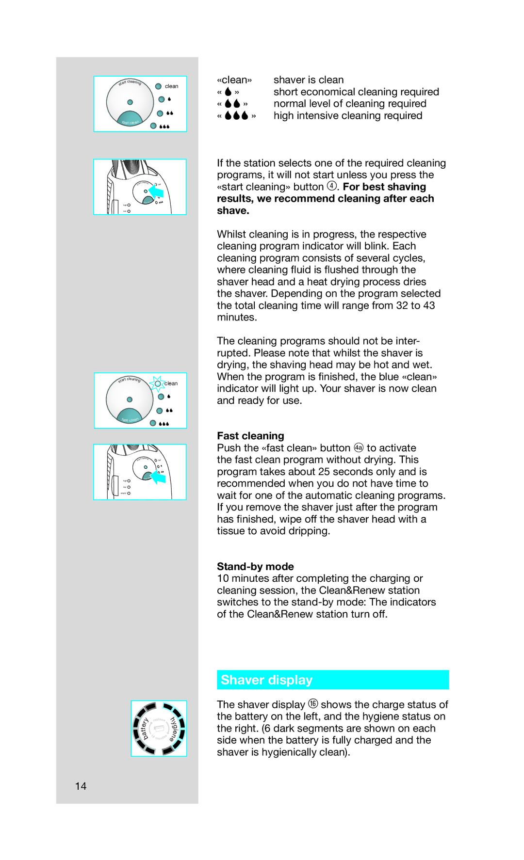 Gillette SERIES 5 manual Shaver display, Fast cleaning, Stand-by mode 