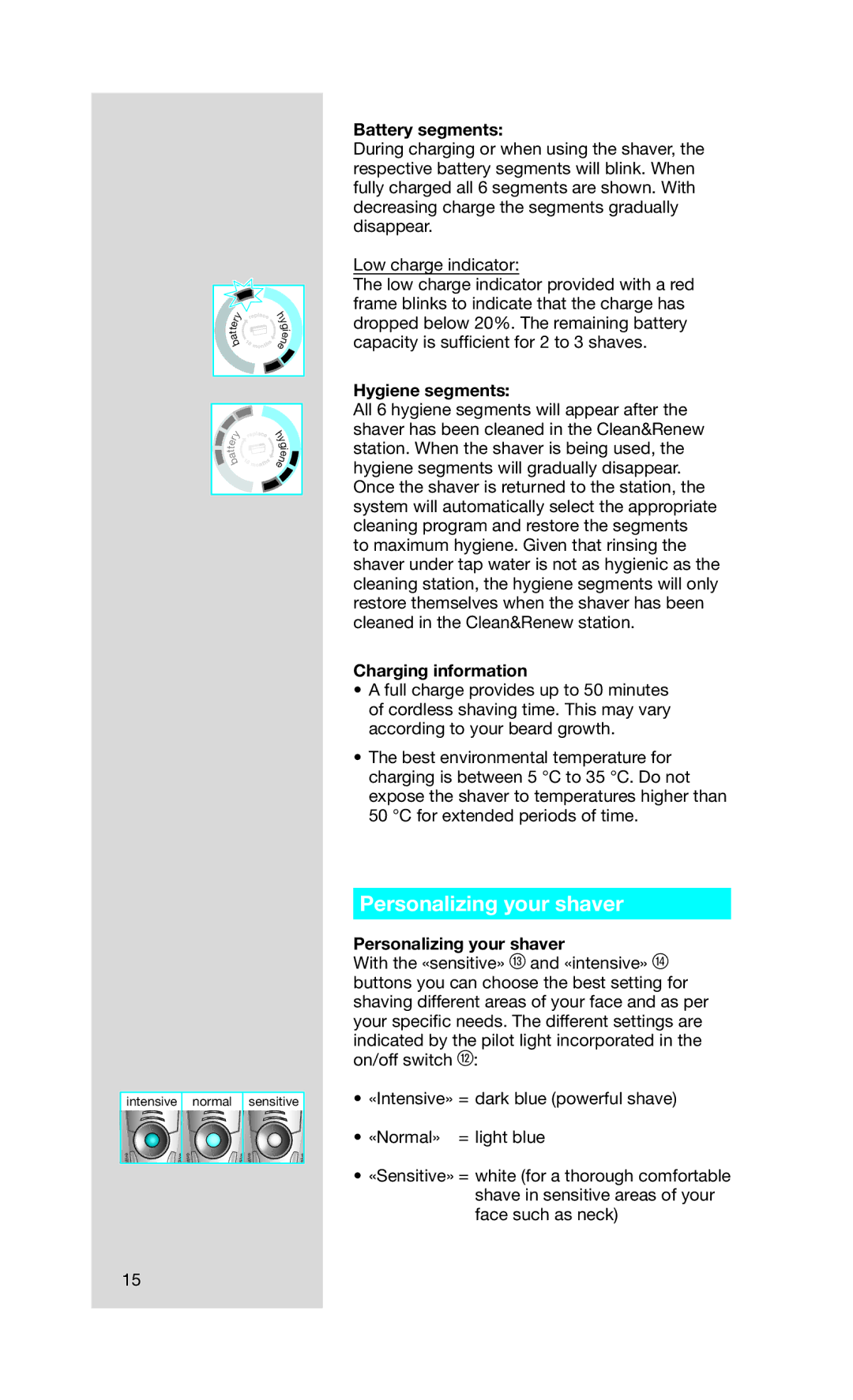 Gillette SERIES 5 manual Personalizing your shaver, Battery segments, Hygiene segments, Charging information 