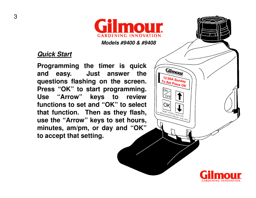 Gilmour 9400, 9408 quick start Quick Start 