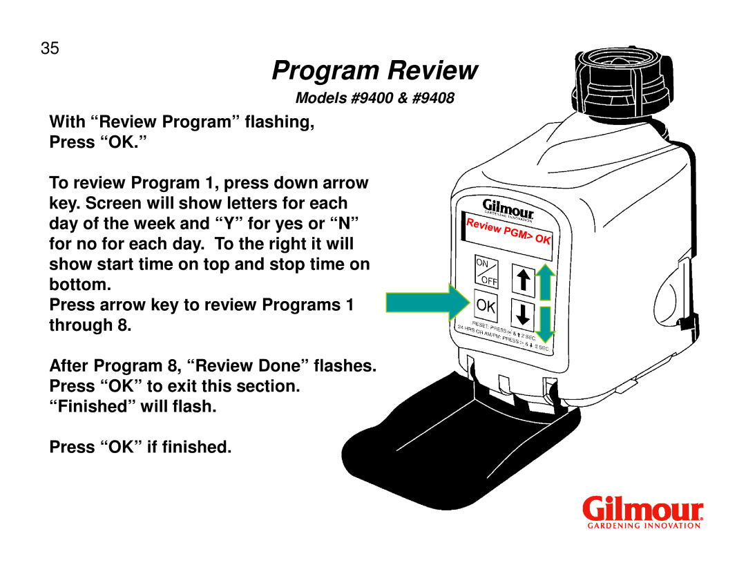 Gilmour 9400, 9408 quick start Program Review 