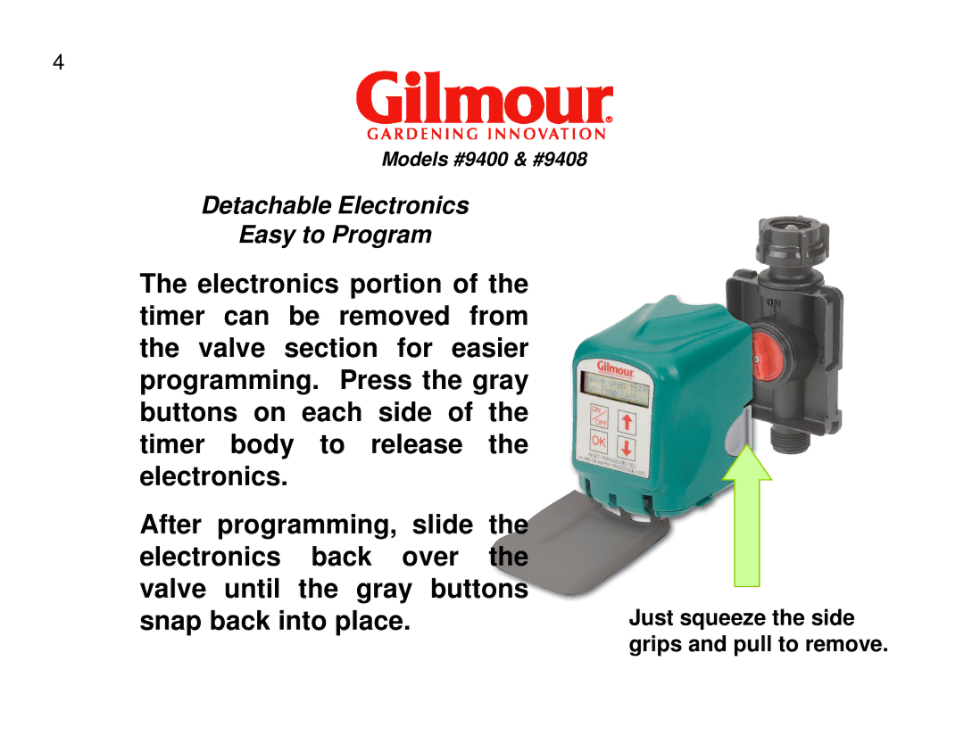 Gilmour 9408, 9400 quick start Detachable Electronics Easy to Program 