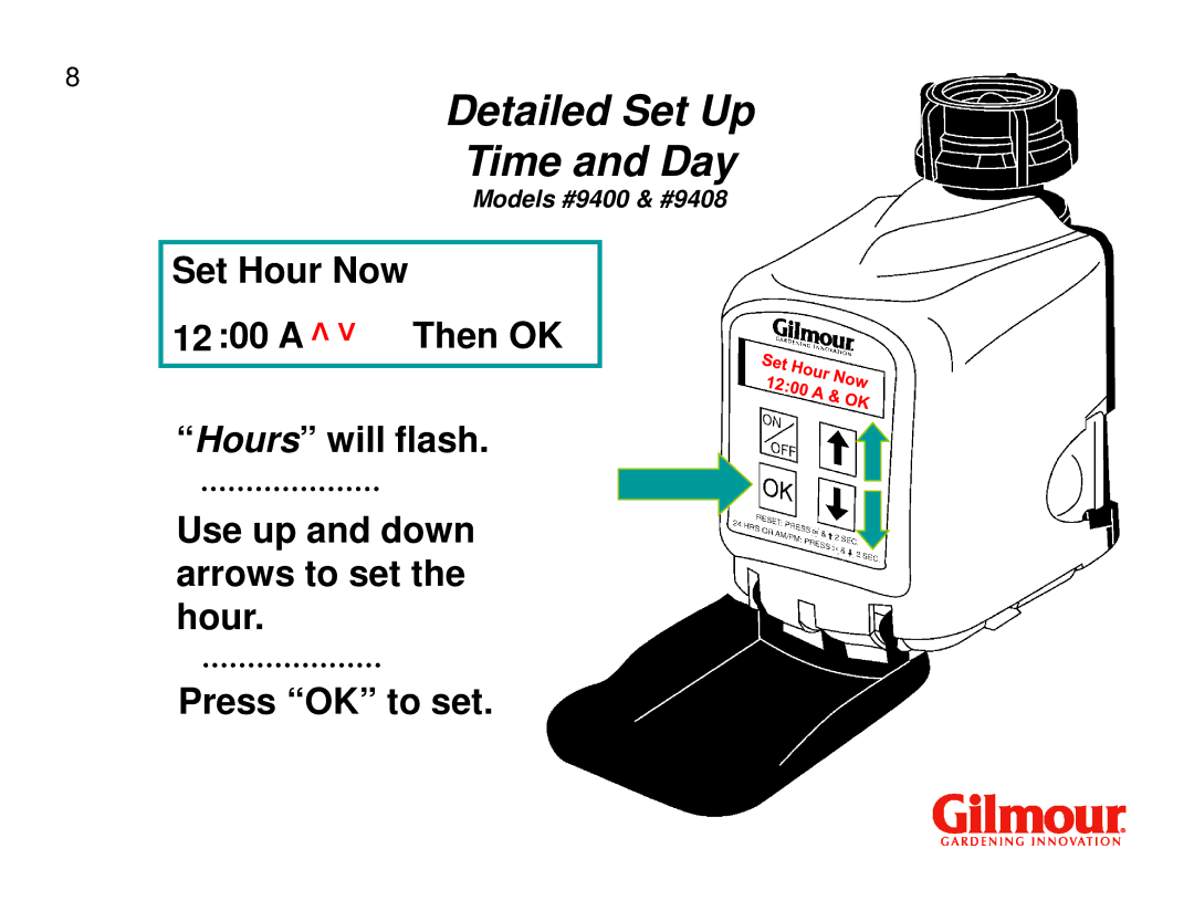 Gilmour 9408, 9400 quick start Detailed Set Up Time and Day 