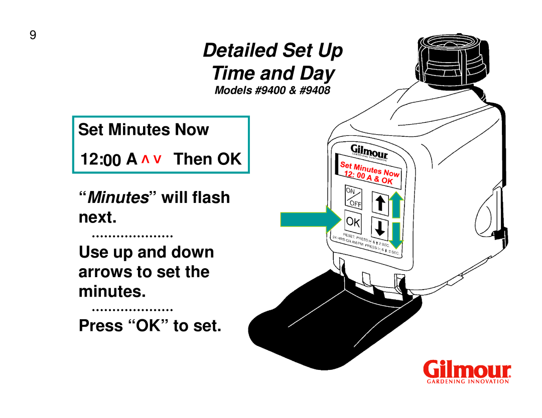 Gilmour 9400, 9408 quick start Detailed Set Up Time and Day 