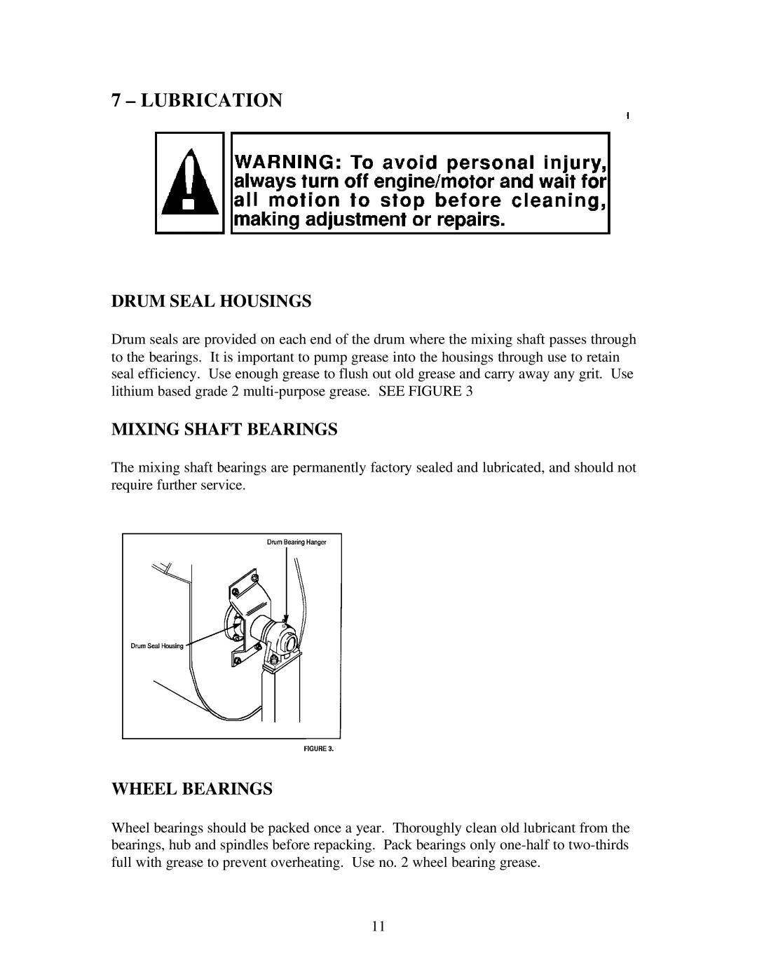 Gilson 1200MP manual Lubrication, Drum Seal Housings, Mixing Shaft Bearings, Wheel Bearings 