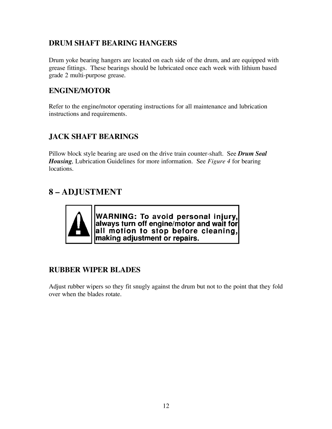 Gilson 1200MP manual Adjustment, Drum Shaft Bearing Hangers, Engine/Motor, Jack Shaft Bearings, Rubber Wiper Blades 