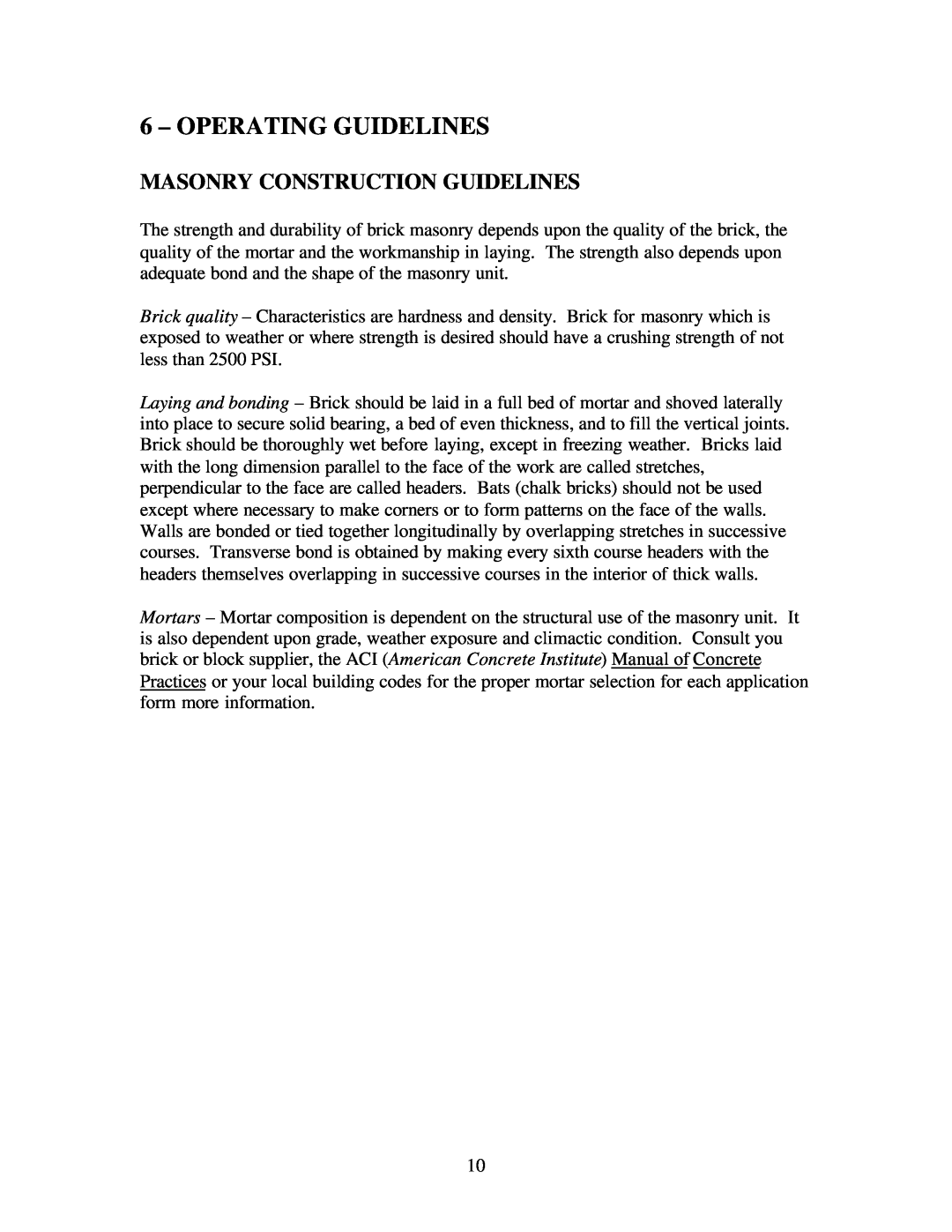 Gilson 1200MP manual Operating Guidelines, Masonry Construction Guidelines 