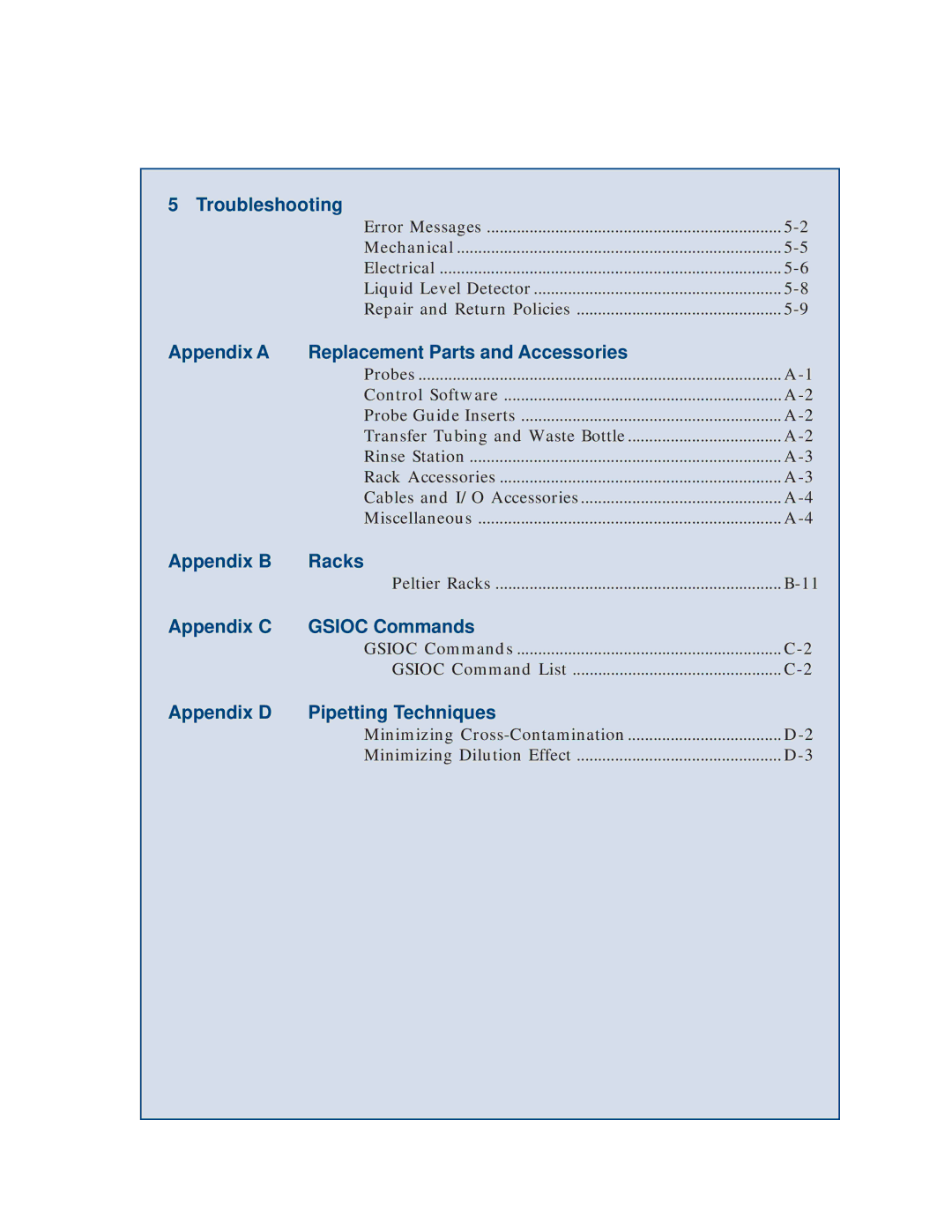 Gilson 215 Troubleshooting, Appendix a Replacement Parts and Accessories, Appendix B Racks, Appendix C Gsioc Commands 