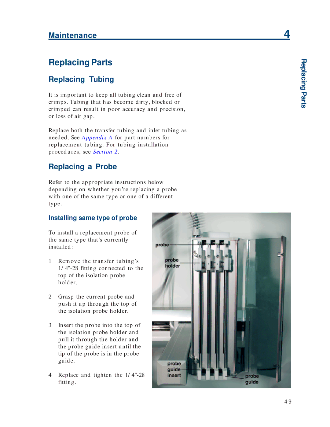 Gilson 215 manual Replacing Parts, Replacing Tubing, Replacing a Probe, Installing same type of probe 