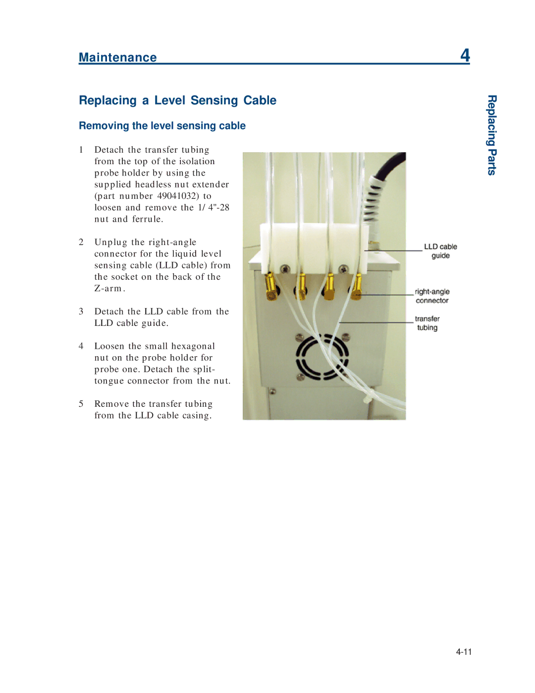 Gilson 215 manual Maintenance Replacing a Level Sensing Cable, Removing the level sensing cable 