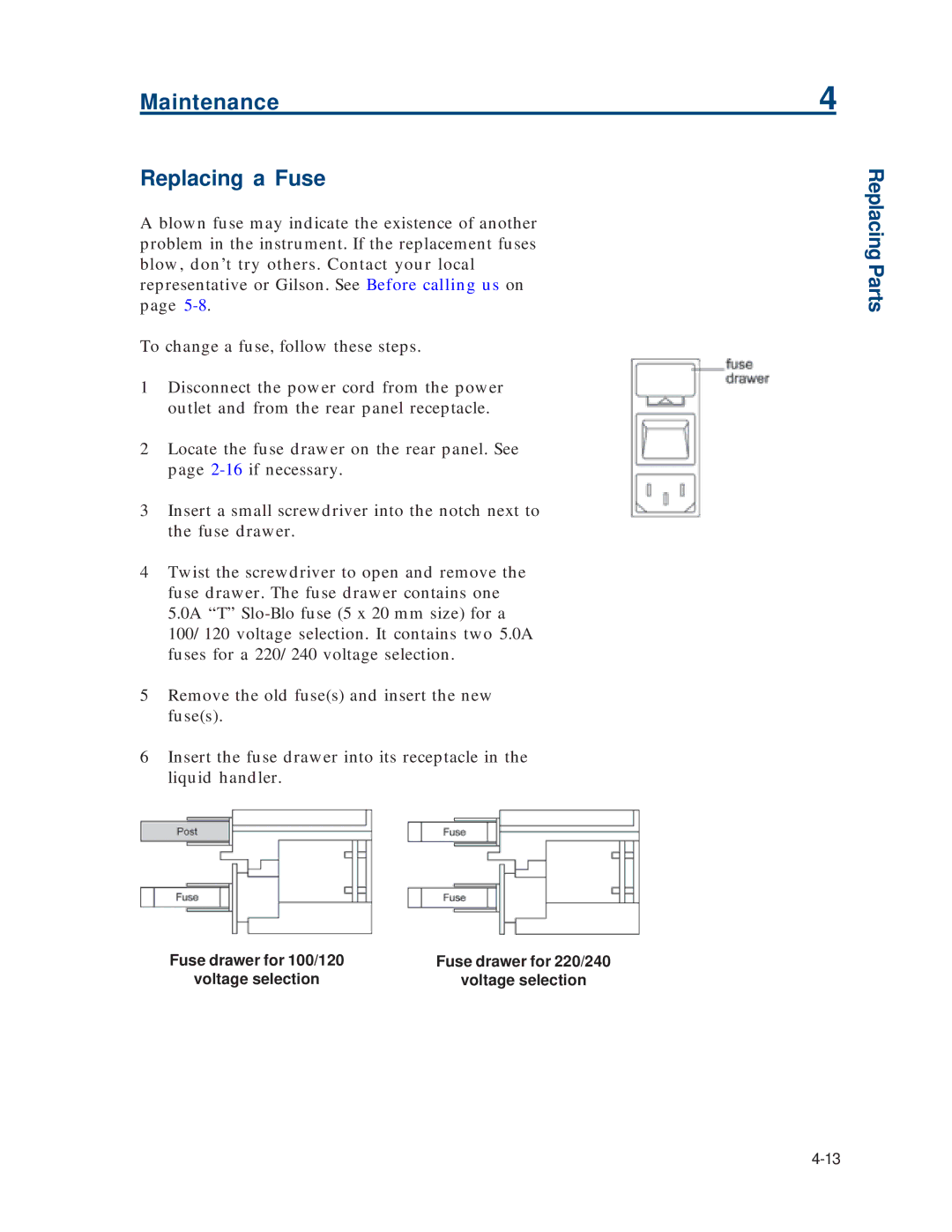 Gilson 215 manual Maintenance Replacing a Fuse 