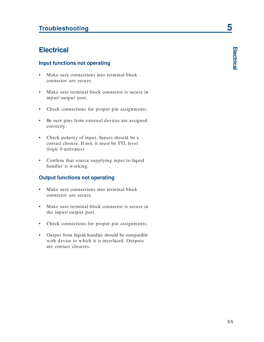 Gilson 215 manual Electrical, Input functions not operating, Output functions not operating 