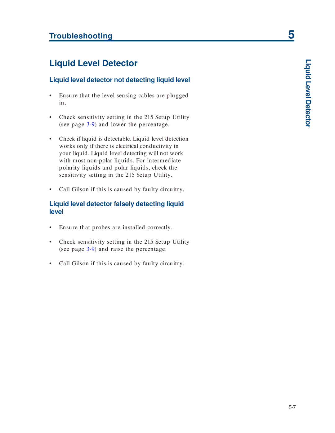 Gilson 215 manual Liquid Level Detector, Liquid level detector not detecting liquid level 