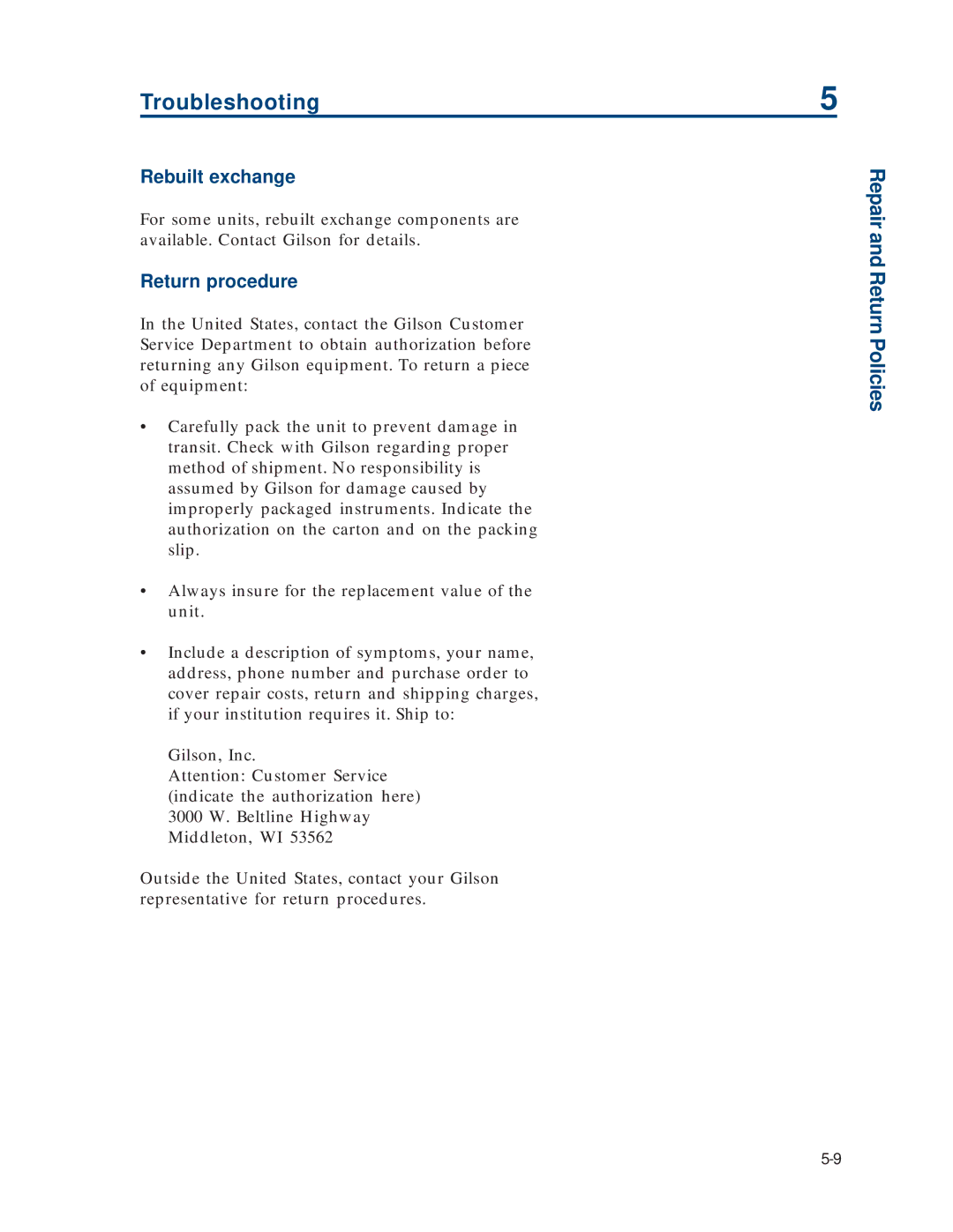 Gilson 215 manual Rebuilt exchange, Return procedure 