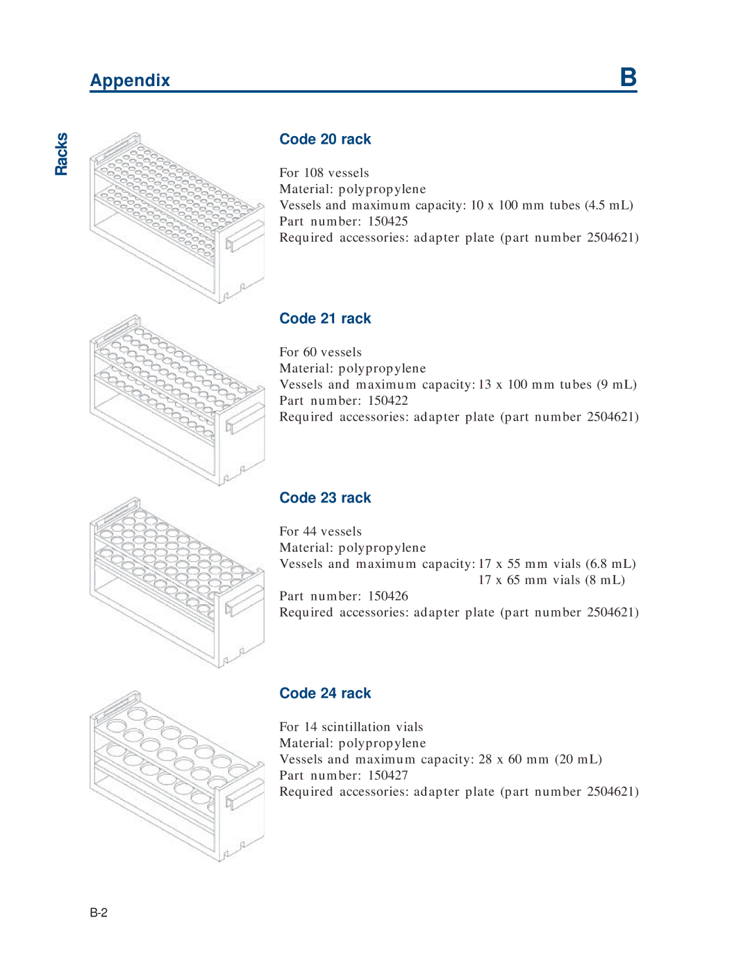 Gilson 215 manual Code 20 rack, Code 21 rack, Code 23 rack, Code 24 rack 