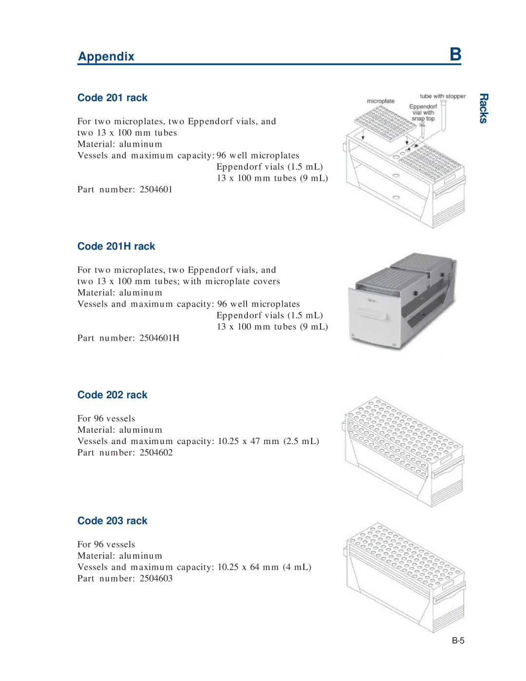 Gilson 215 manual Code 201 rack, Code 201H rack, Code 202 rack, Code 203 rack 