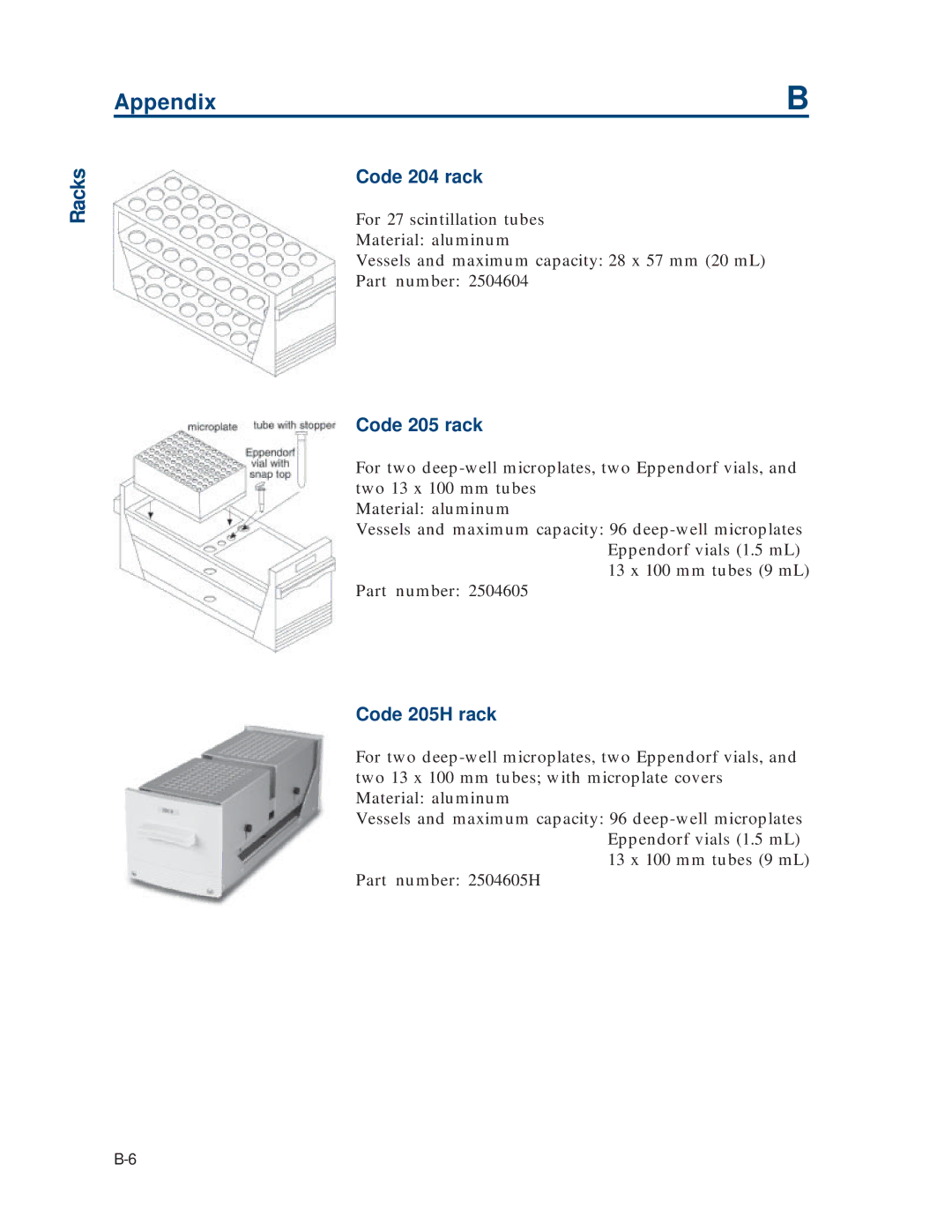 Gilson 215 manual Code 204 rack, Code 205 rack, Code 205H rack 