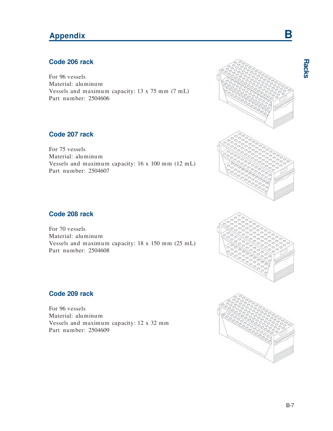 Gilson 215 manual Code 206 rack, Code 207 rack, Code 208 rack, Code 209 rack 